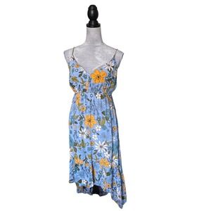 Angie Floral High Low Midi Dress Blue Yellow Boho Smocked Back Large